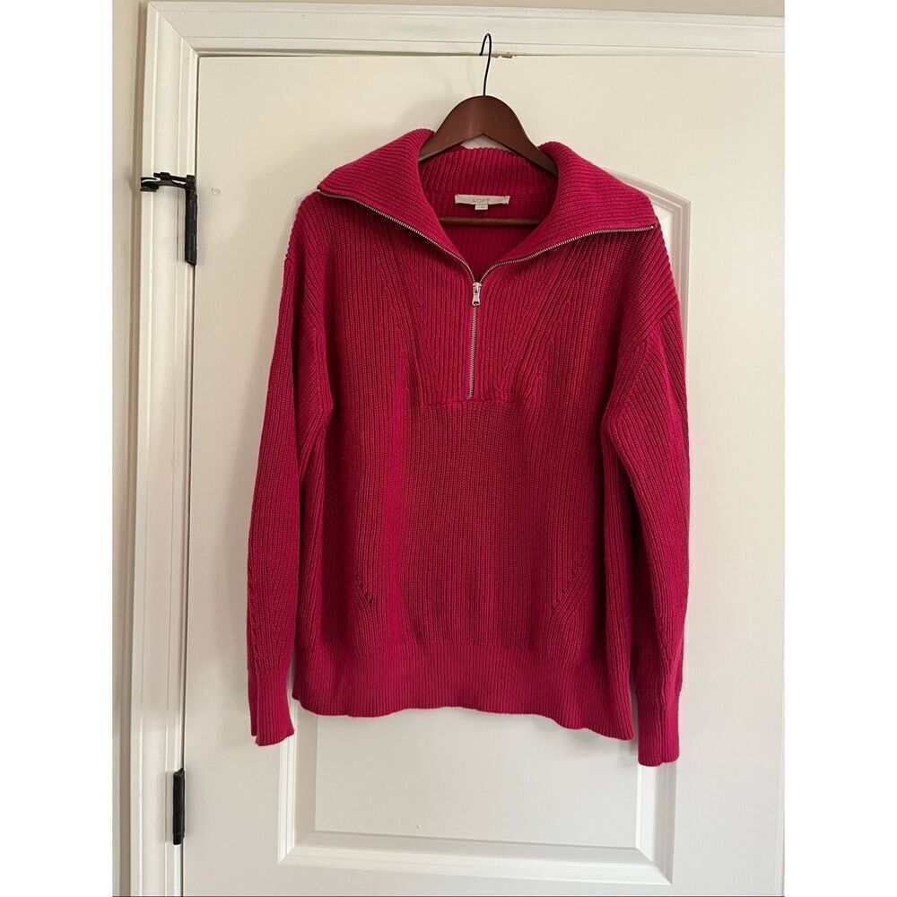 Loft Hot Pink Quarter zip Shaker Sweater -L
